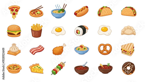 Assorted Cartoon Food Icons Set.