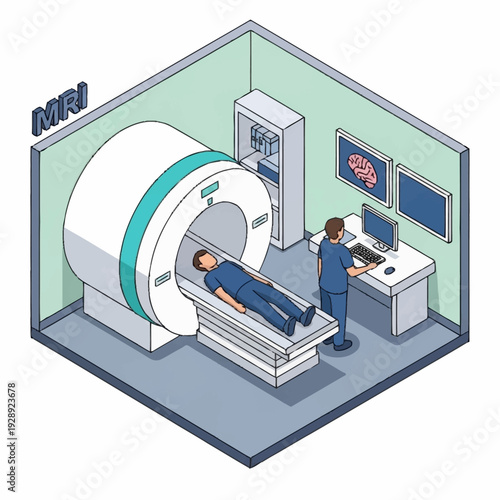 Medical MRI scan room with patient and technician.