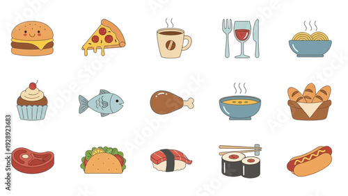 Assorted Food Icons in Cartoon Style.