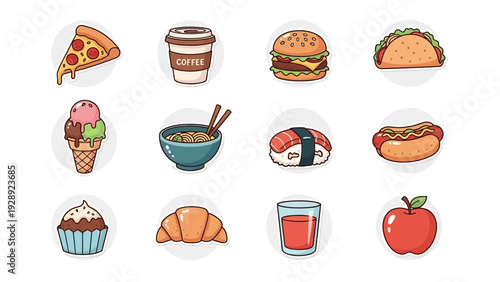 Variety of Cartoon Food Items and Desserts.