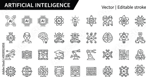 Artificial intelligence AI technology icon set with brain robot and digital circuit symbols for innovation cad drawing flat vector illustration,