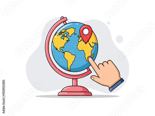 Cartoon hand pointing to globe with red map pin on white background