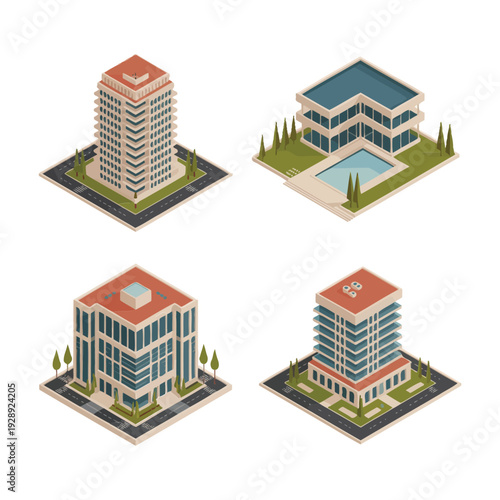 Isometric modern campus buildings collection with landscaped courtyards for property fair, urban development workshop, architectural visualization, city planning resources design
