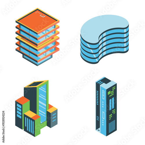 Isometric high rise towers set with stacked floors, curved glass building, slender landmark for architecture conference, commercial property marketing design