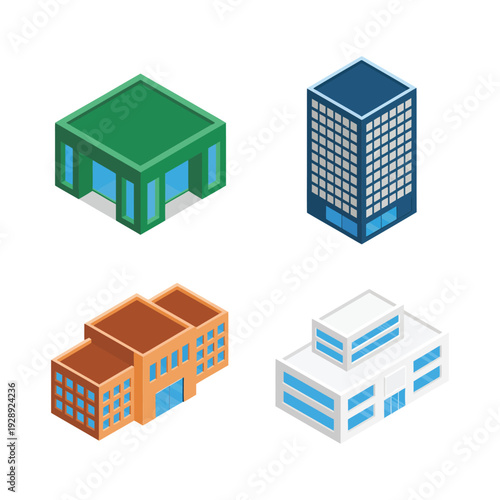 Isometric civic building icons with bank hall, office, brick school, white clinic for municipal festival, public services expo, city planning