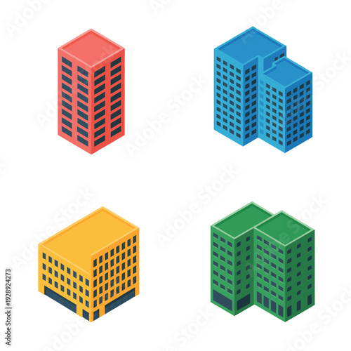 Isometric residential tower collection with red blue yellow green buildings for real estate event, housing expo, neighborhood planning, architecture design
