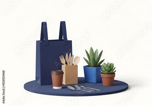 A still life composition with plants and gardening tools on a blue tray