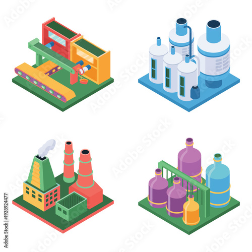 Pharmaceutical and biotech facility set with laboratories, reactors, distillation columns and storage vessels, isometric industry illustrations for research, production, compliance