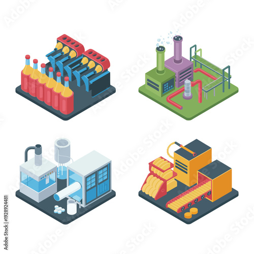 Advanced manufacturing line with robotic arms, assembly stations, control units and conveyors, isometric factory illustration for automation, production planning materials