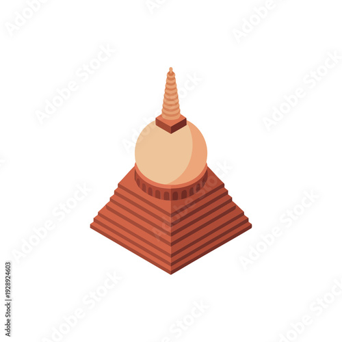 Isometric buddhist stupa monument vector with golden spire on stepped base for heritage day poster, temple festival, pilgrimage tourism design