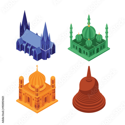 Religious landmark vector set featuring cathedral tower, dome mosque, orange temple, red stupa for culture fair poster, architecture education design