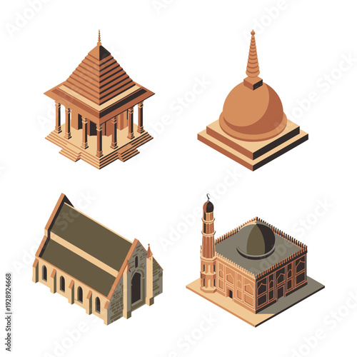 Asian temple and chapel vector icons with wooden pavilion, bell tower, stupa, ornate minaret for culture fair, pilgrimage tour design