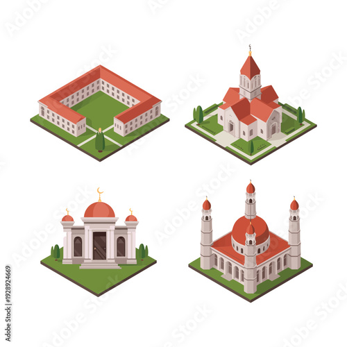 Temple complex isometric vector icons with walled courtyard, dome sanctuary, corner towers for pilgrimage festival, culture tour map, education design