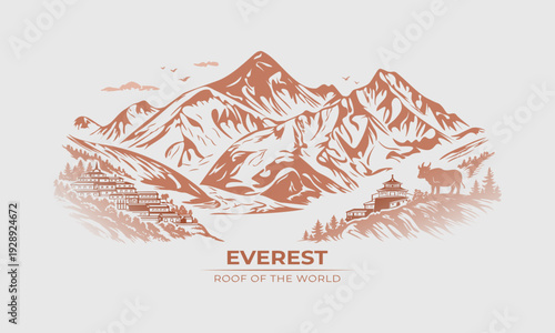 Everest Mountain Landscape Illustration in Earth Tone Style
