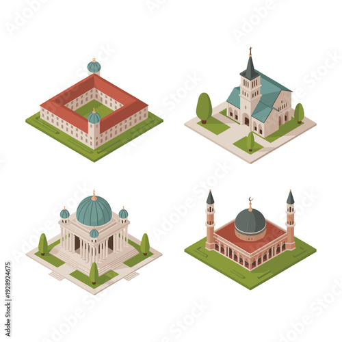 Islamic mosque complex vector icons with domes, minarets, courtyard gardens for eid festival poster, cultural event, pilgrimage tour, education design