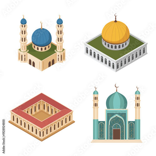 Isometric mosque set with turquoise domes, tall minarets, square courtyard for Iftar invitation, Ramadan market poster, Islamic heritage travel design
