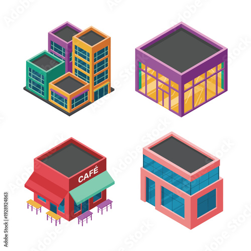 Isometric cafe and storefront building icons for food delivery app, shopping district map, small business branding, city management game design
