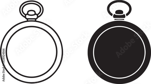 Black and white pocket watch with outline and filled versions clock time