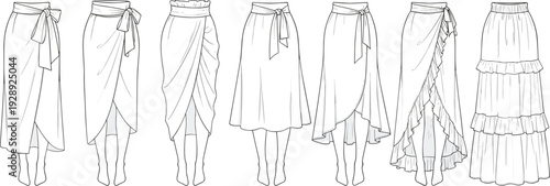 Fashion Line Art Collection of Seven Distinct Skirt Designs Featuring Wrap, Ruched, Tiered, and High‑Low Styles for Catalog Reference