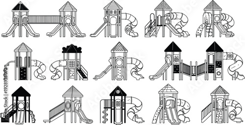 Playground equipment vector set with outdoor slides and climbing frames for children school park recreation cad drawing flat vector illustration,