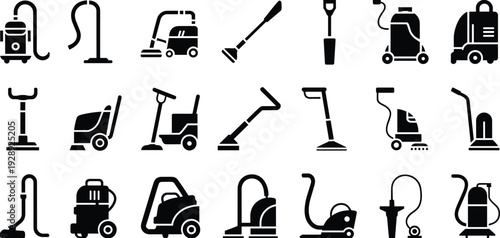 Comprehensive Collection of Professional Industrial Vacuum Cleaners and Floor Scrubbers Vector Icons Set for Cleaning Services, Janitorial Maintenance, and Sanitary Equipment Graphic Design