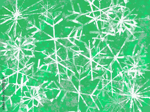 雪の結晶 冬のグリーン背景に広がるスノーフレーク抽象テクスチャ クリスマスや季節デザインに使えるベクター素材 / Snowflake winter green background abstract texture with scattered flakes for Christmas seasonal design vector
