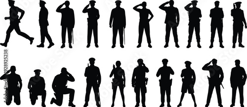 Police Officer and Law Enforcement Silhouette Collection Featuring Cops Saluting Running Standing and Kneeling for Security Justice Public Safety and Emergency Service Graphic Design