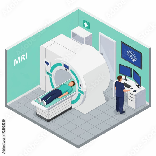 Medical professional operating MRI machine on a patient in a clinical setting.