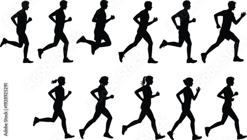 Set of Running Man and Woman Silhouette Collection Representing Fitness Healthy Lifestyle Jogging Exercise Sport Training and Active Cardio Workout Progress for Design and Illustration