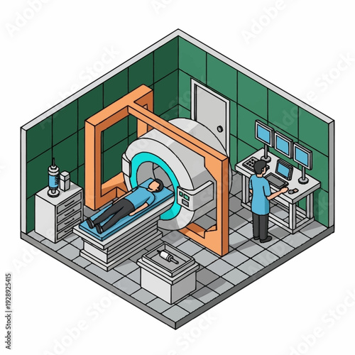 Medical Imaging Room with MRI Machine and Technician.