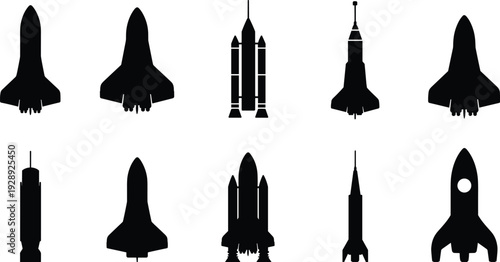 Collection of black rocket and space shuttle silhouettes featuring various spacecraft designs isolated on white background for aerospace engineering, galactic exploration, and astronomy concepts.