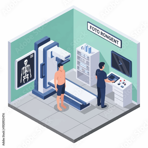 Medical Imaging Room with X-ray Machine and Technician.