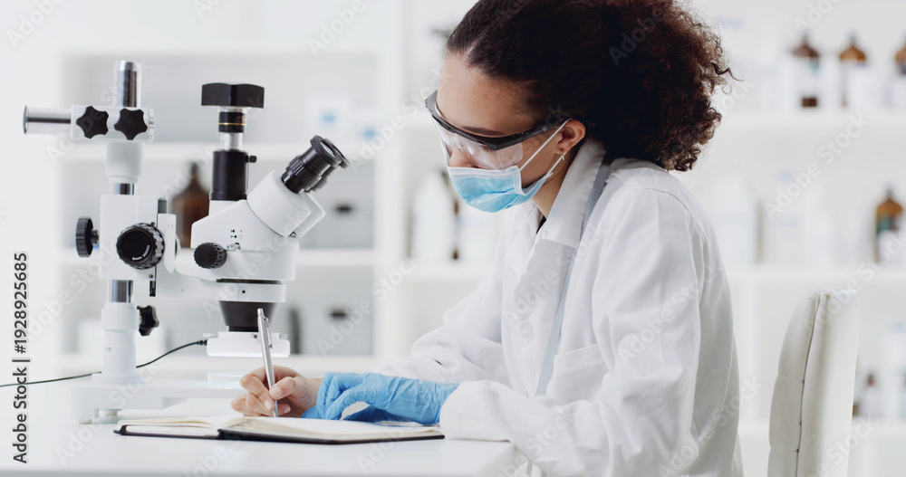 Fototapeta premium Science, notebook or woman in lab with test, info recording or research results in experiment. Medical, notes or scientist with writing, investigation report or study checklist in clinical trial.