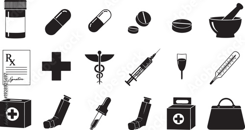 Medical and Healthcare Silhouette Vector Icons Set  Pills, Prescription, Syringe, IV Bag, Thermometer, First Aid Kit, Inhaler, Dropper, Caduceus, Mortar and Pestle, Medical Cross, Doctor Tools
