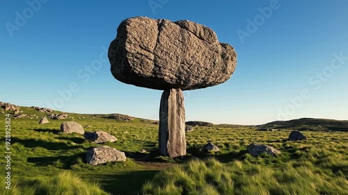 Mysterious balancing rock formation in serene landscape. Natural wonder stands out against clear blue sky. Scenic view invites exploration and adventure. Perfect for nature enthusiasts and travel