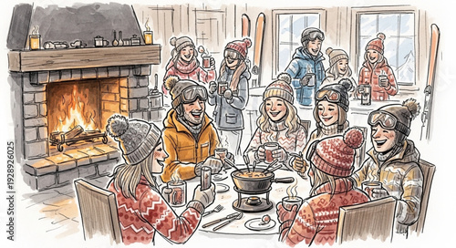 Friends Gathered Around a Warm Fireplace Enjoying a Fondue Dinner.