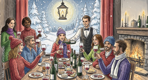 Friends and family celebrating winter holidays together indoors by a warm fireplace.