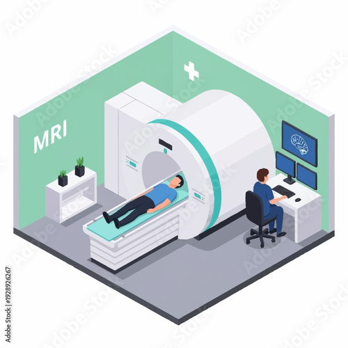 Medical Imaging MRI Scan Room with Patient and Technician.