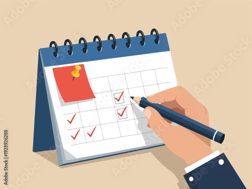 Hand holding pencil checking boxes on calendar with red note and yellow push pin on beige background