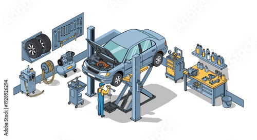 Car on Lift in Auto Repair Shop.