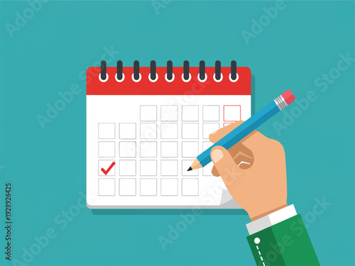 Hand holding pencil marking calendar date with red checkmark on teal background