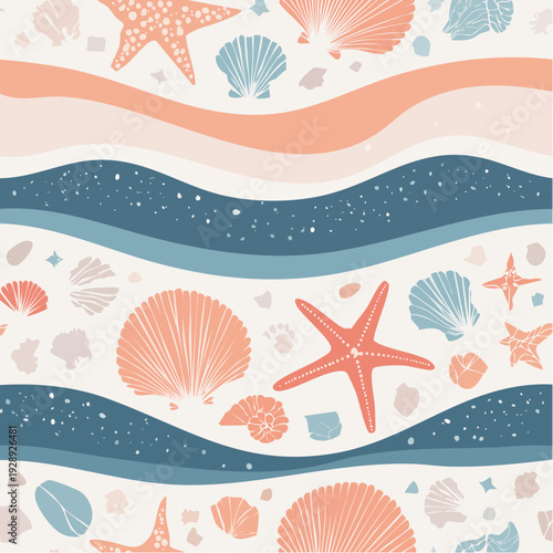 Seashells and starfish pattern on a wavy ocean background illustration featuring shells and ocean creatures from a top-view perspective