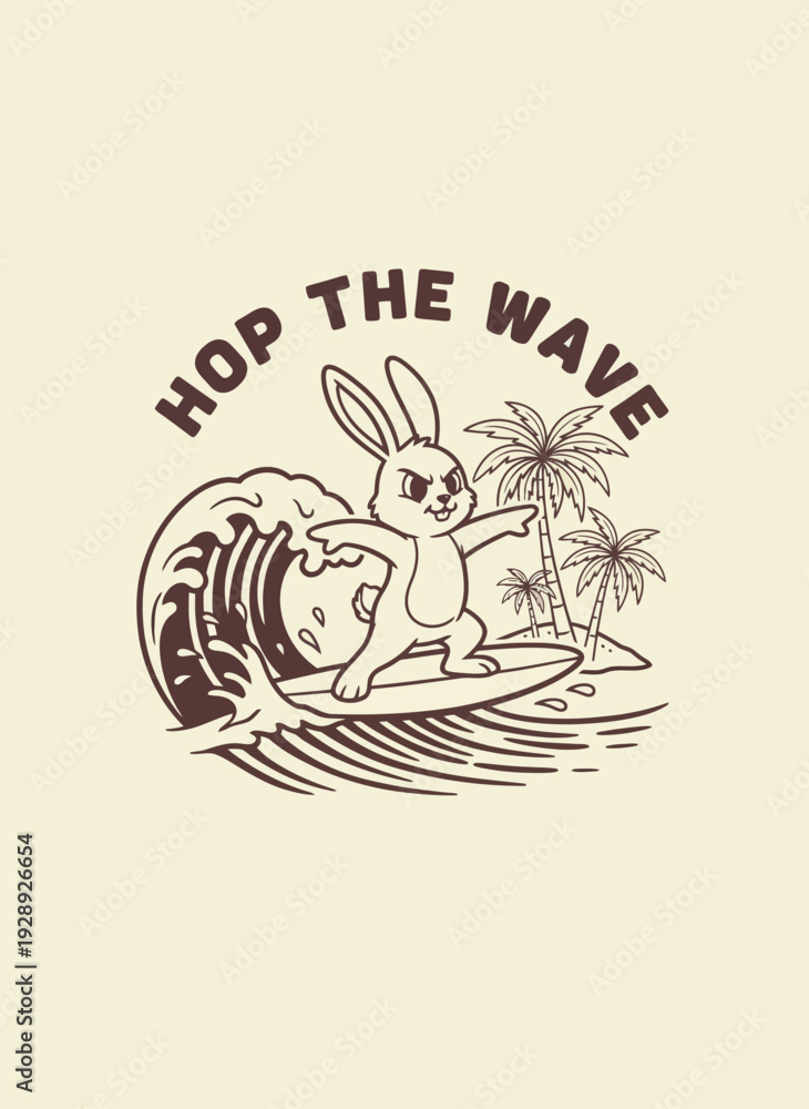Obraz premium Cartoon Rabbit Surfing on Wave Illustration.
