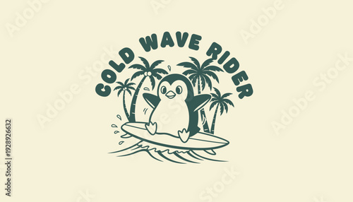 Cartoon Penguin Surfing on Surfboard with Palm Trees.