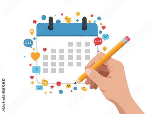 Hand holding pencil writing on calendar with colorful icons around  planning and organization concept