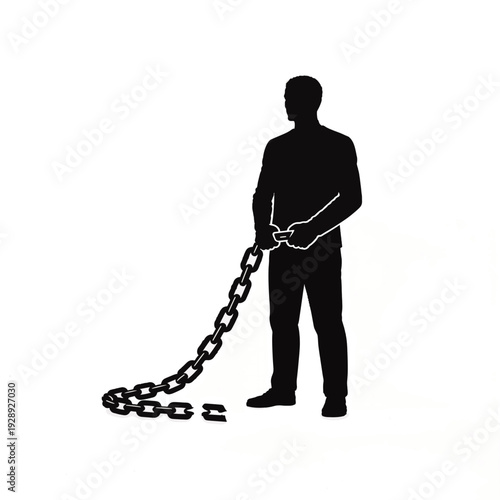 Silhouette of man holding broken chain. Freedom and liberation from slavery concept. Vector illustration
