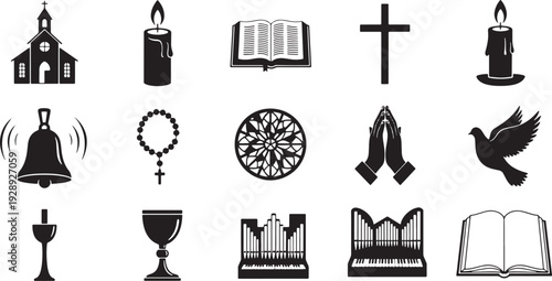 Christian Religious Silhouette Vector Icons Set Church, Bible, Cross, Rosary, Candle, Bell, Stained Glass, Praying Hands, Chalice, Communion Cup, Pipe Organ, Dove, Anchor, Lighthouse