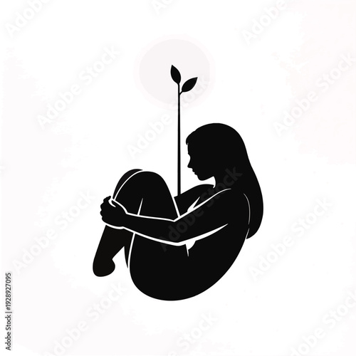 Woman in fetal position with growing plant silhouette. Rebirth and healing concept. Grunge vector design