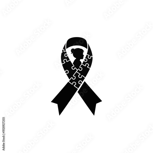 Autism awareness puzzle ribbon with child profile. Mental health symbol. Vector icon