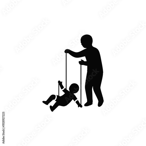 Child manipulation and control concept. Silhouette of an adult holding a child like a puppet on strings. Flat design vector illustration isolated